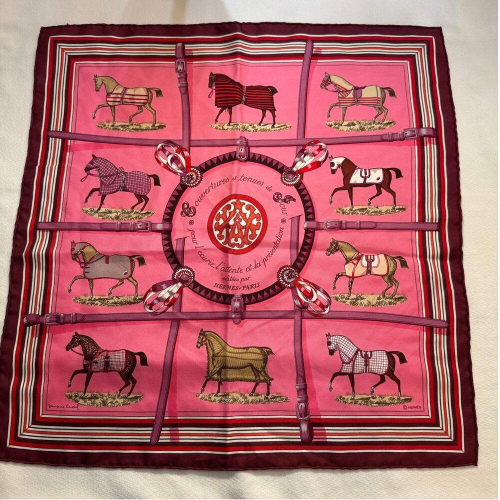 Vintage Hermes Paris Pink 'Couvertures et Tenue de Jour' Silk Pocket Square